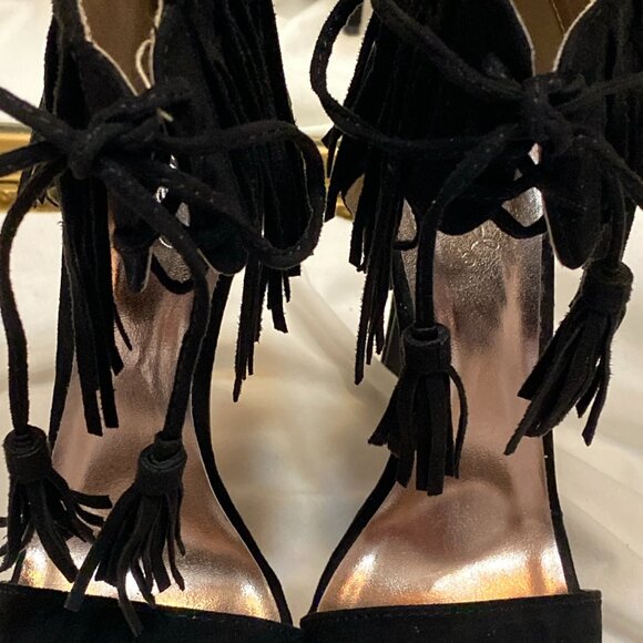 Size 5.5 Qupid Black Suede Stiletto With Fringe Cuff - Picture 9 of 16